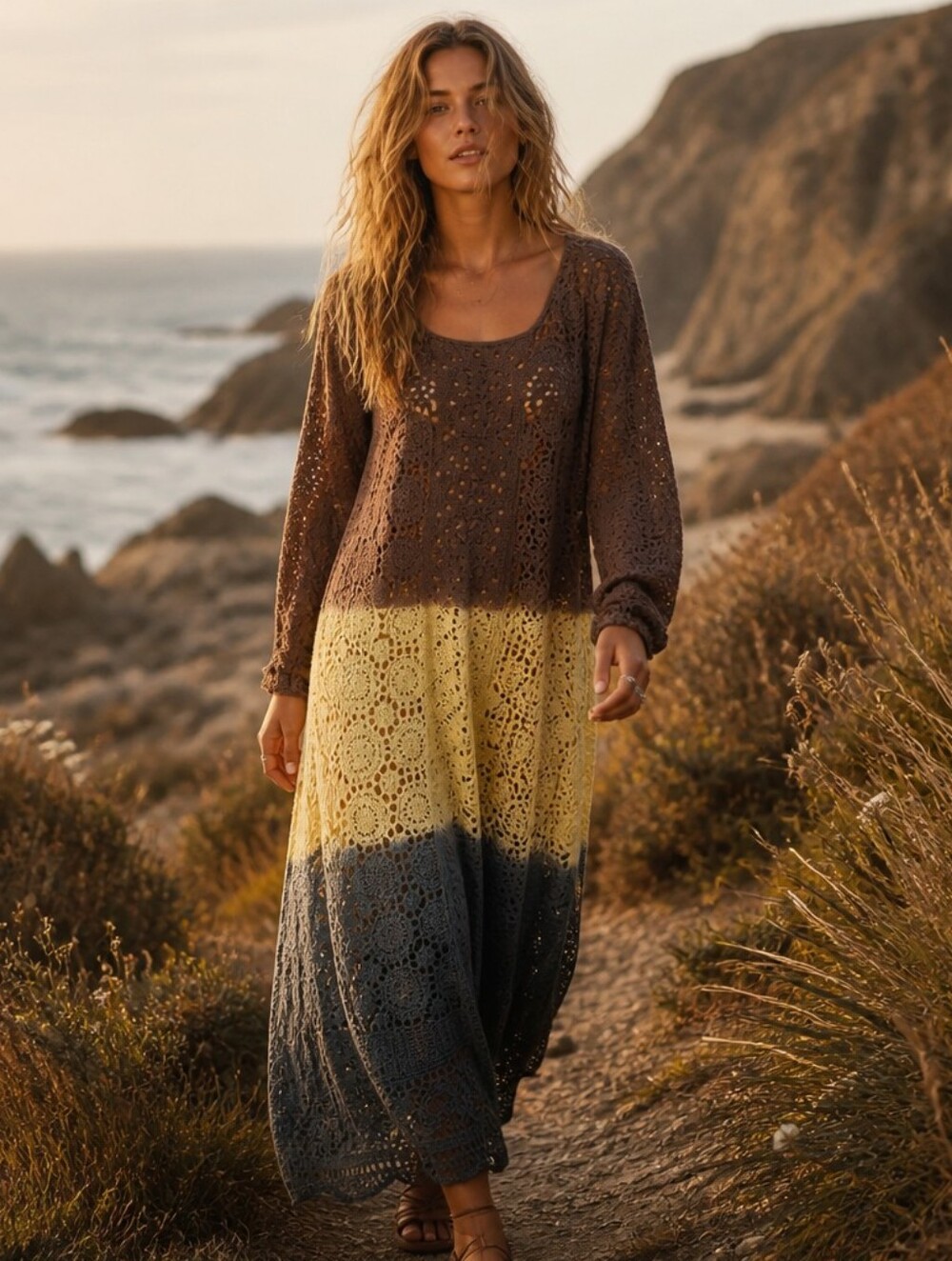 Ombre Crochet Midi Dress in Brown, Yellow & Gray